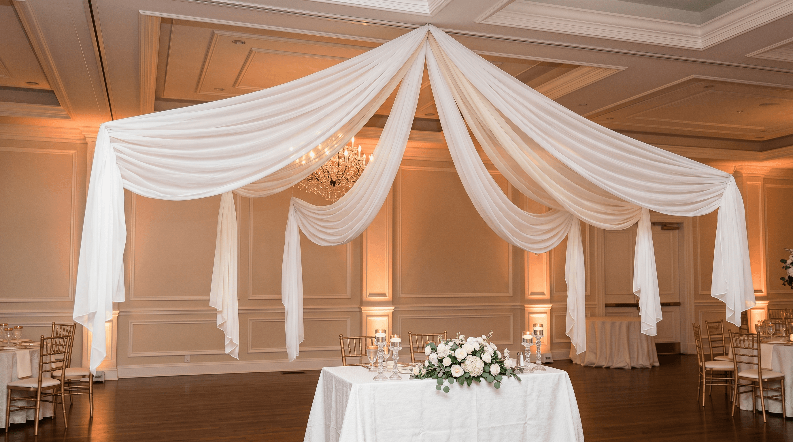 Professionally installed spider draping and venue setup by a licensed and insured rental company in Sacramento