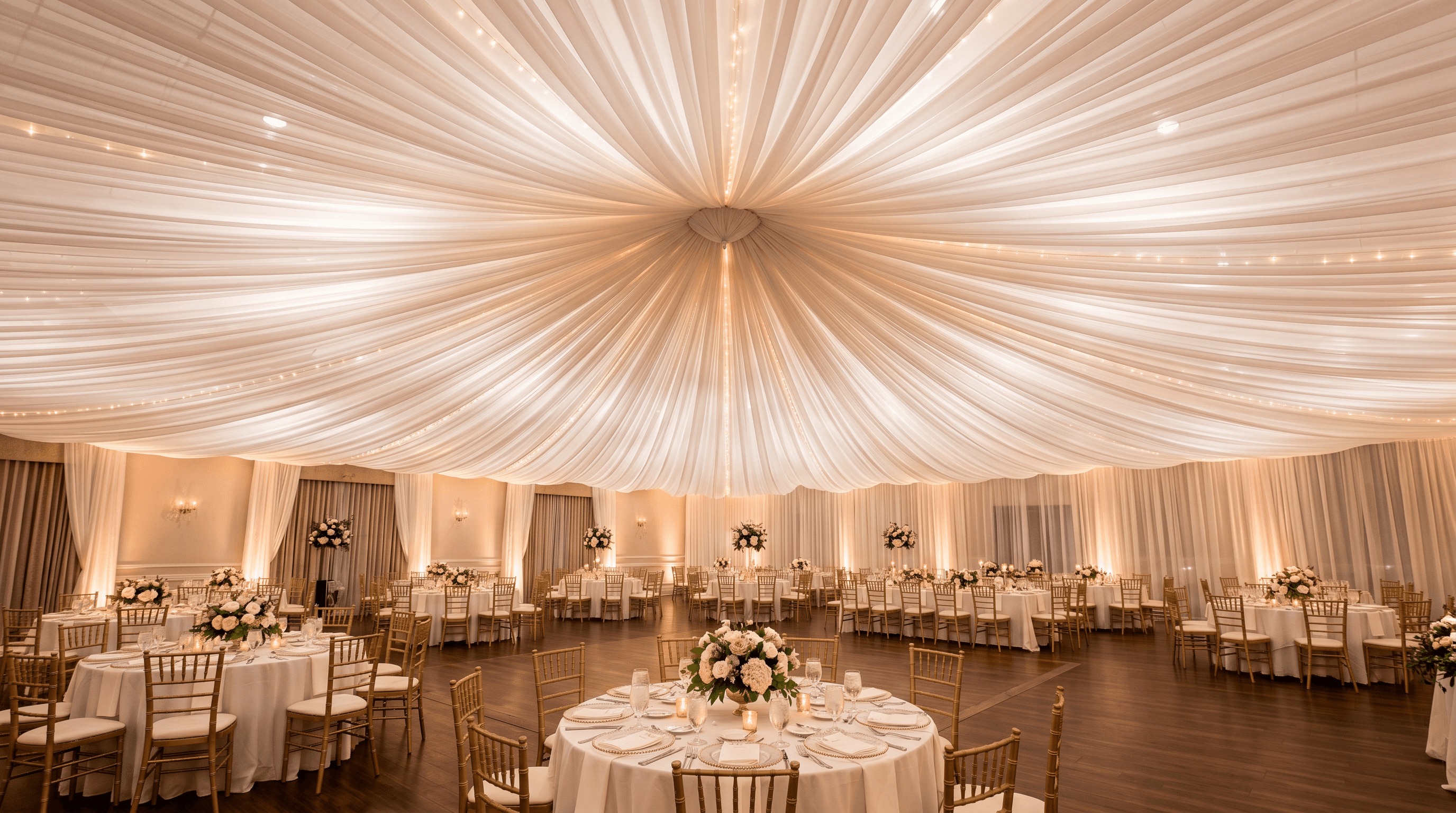 Full-room spider draping installation in a Sacramento ballroom — white fabric panels radiating from a center ceiling anchor covering the entire ceiling above round banquet tables with gold chiavari chairs