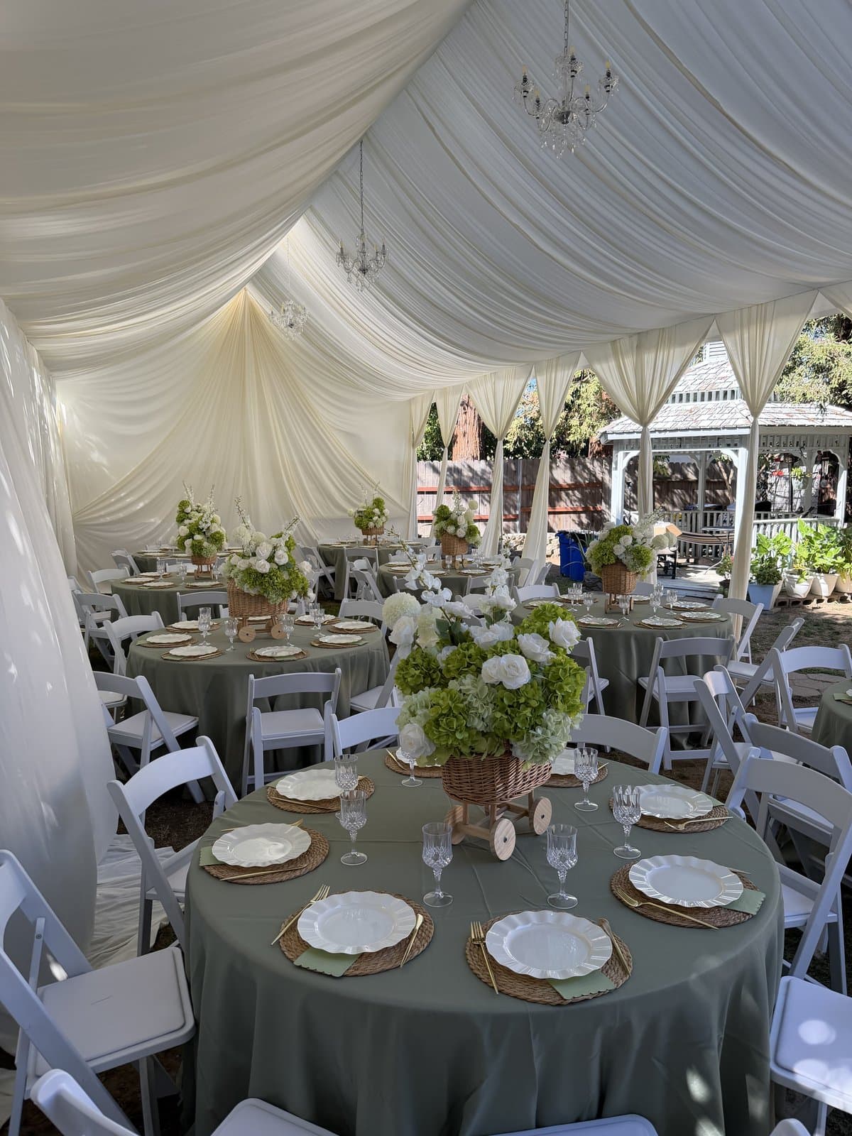Draped tent with crystal chandeliers, sage linens, hydrangea centerpieces and white chairs in a garden